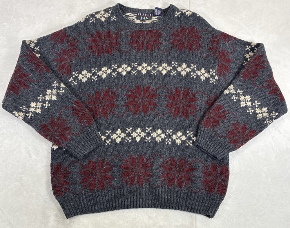 VTG 90s Trader Bay Mens Sweater L Fair Isle Ski Crew Neck Nordic Chunky Charity